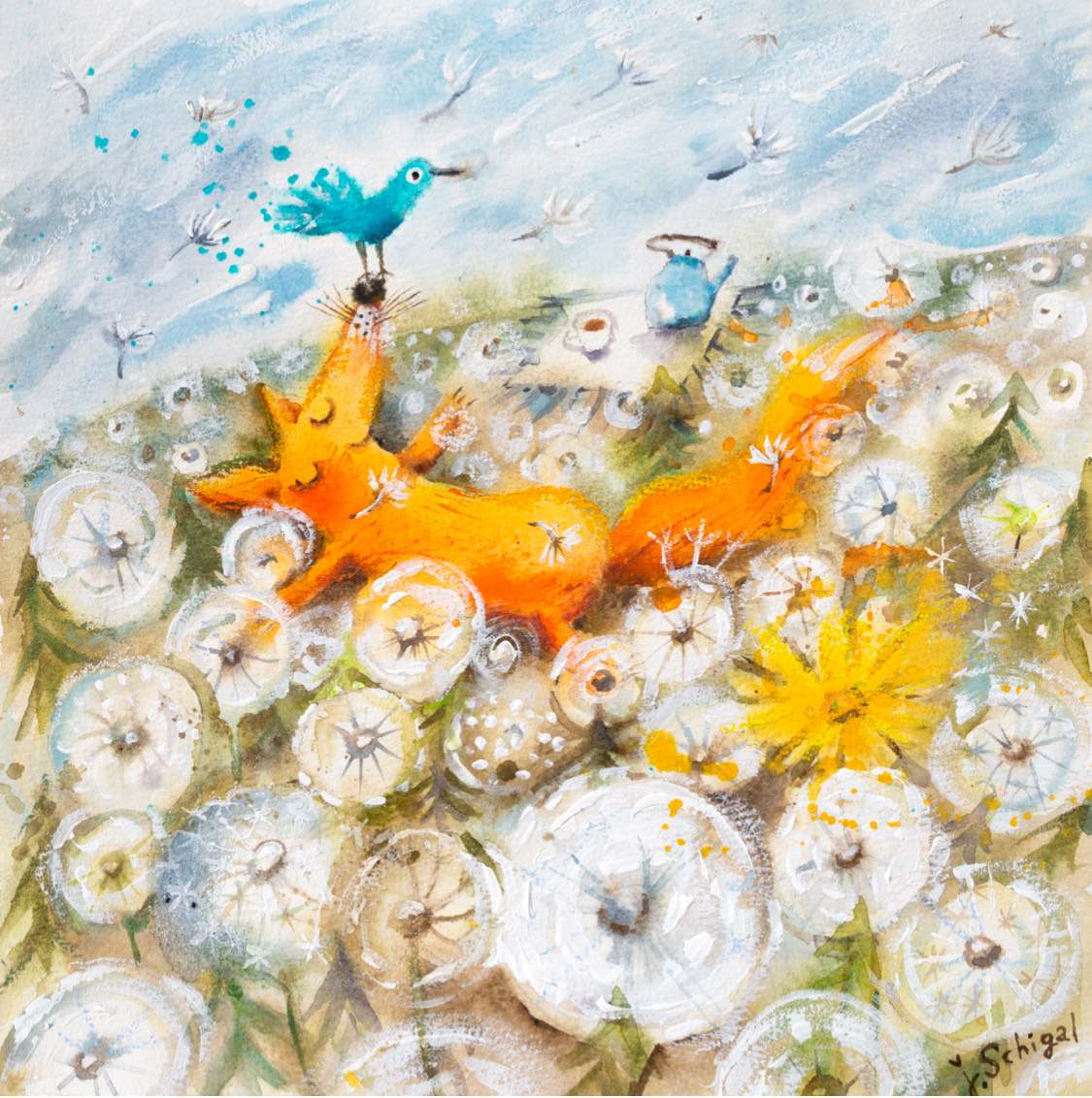Ilustrace lišky v trávě, Vizuál k psychodynamickému koučinku Terezy Jarošové pro ženy, které chtějí přestat žít proti sobě. Autorka obrázku Julia Schigal